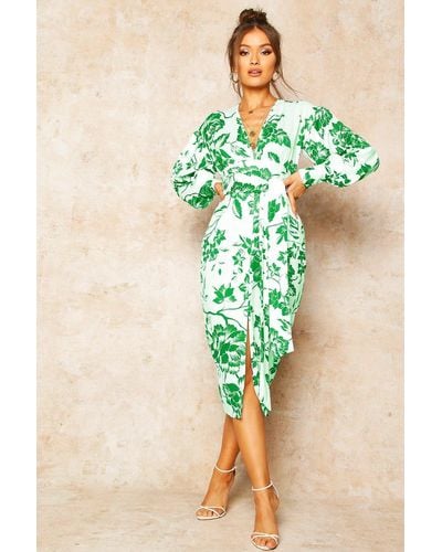 Boohoo Floral Print Plunge Tie Waist Midi Dress - Green