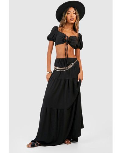 Boohoo Textured Puff Sleeve Bralette & Tiered Maxi Skirt - Black