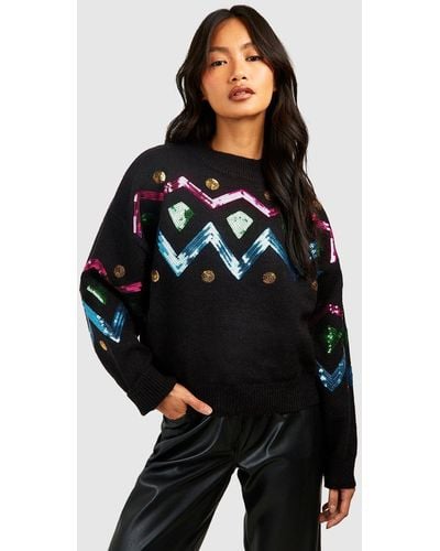 Boohoo Neon Sequin Christmas Sweater - Black