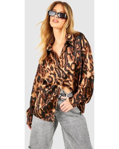 Boohoo Satin Leopard Shirt - Brown