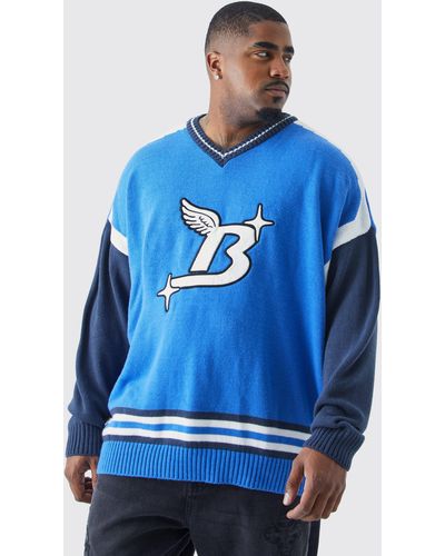 BoohooMAN Plus Oversize Strick-Pullover mit Applique - Blau