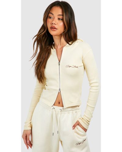 Boohoo Dsgn Studio Embroidered Ribbed Double Zip Baby Jacket - Natural