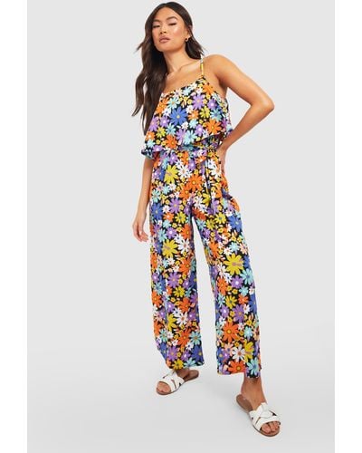 Boohoo Strappy Floral Jumsuit - White