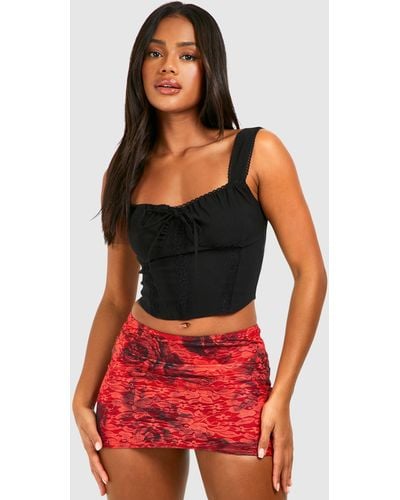 Boohoo Lace Rose Printed Ruched Bum Mini Skirt - Red