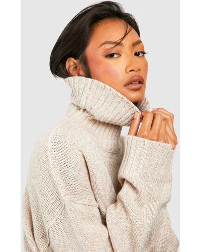 Boohoo Marl Knit Roll Neck Crop Sweater - Natural