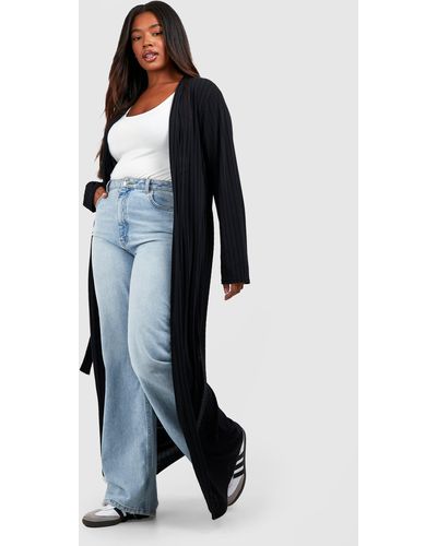 Boohoo Plus Knitted Rib Belted Maxi Cardigan - Blue