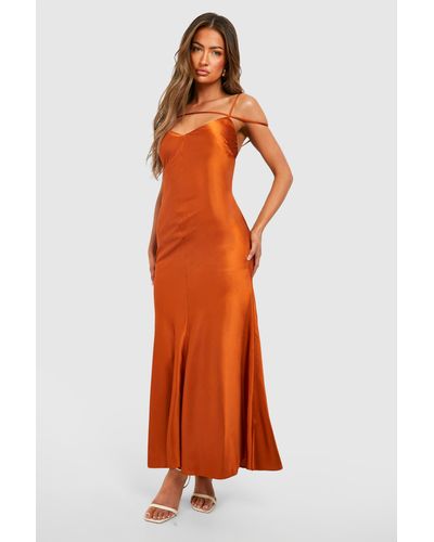 Boohoo Satin Strappy Plunge Maxi Slip Dress - Orange
