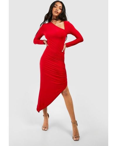 Boohoo Double Slinky Rouched Asymmetric Midaxi Dress - Red