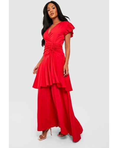 Boohoo Tall Wrap Ruffle Ruched Angel Sleeve Dress - Red
