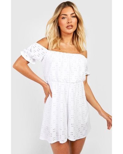 Boohoo Off The Shoulder Puff Sleeve Jersey Knit Eyelet Flippy Romper - White