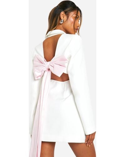 Boohoo Bow Detail Open Back Blazer Dress - White