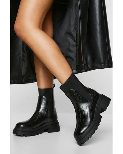 Boohoo Croc Heeled Chelsea Boots - Black