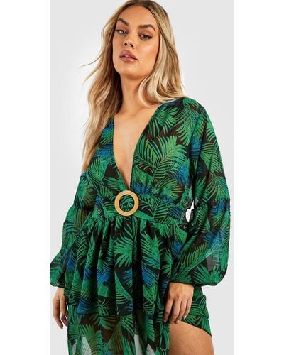Boohoo Plus Palm Raffia Buckle Beach Dress - Green