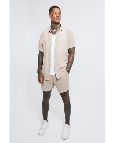 BoohooMAN Short Sleeve Cheese Cloth Shirt And Short Set - Natural