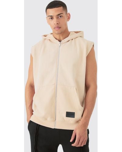 BoohooMAN Oversized Zip Through Washed Sleeveless Hoodie - Natural