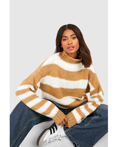 Boohoo High Neck Stripe Sweater - Natural