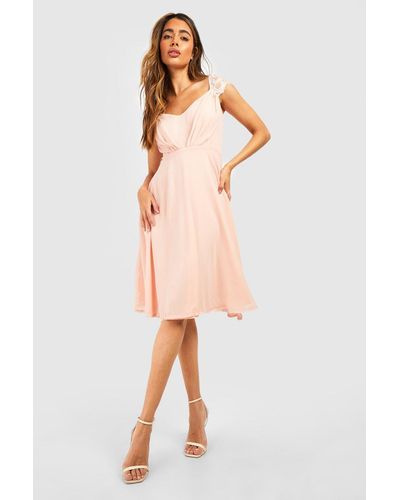 Boohoo Chiffon Lace Midi Skater Bridesmaid Dress - Natural