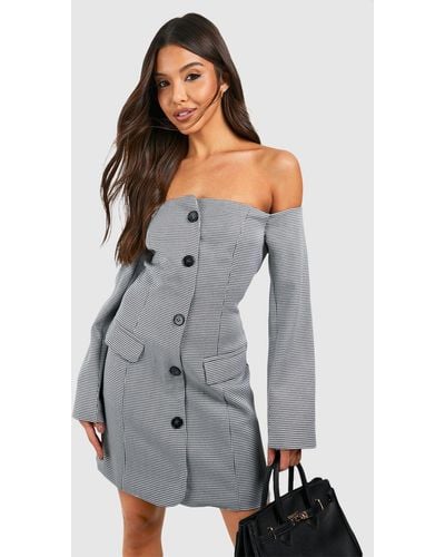 Boohoo Bardot Button Down Check Blazer Dress - Gray