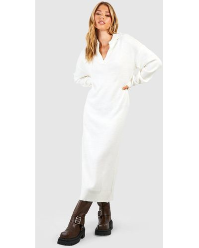 Boohoo V Neck Collared Knitted Midi Dress - White