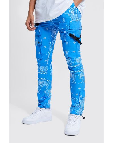 Boohoo Elasticated Waist Slim Fit Strap Detail Bandanna Print Cargo Pants - Blue
