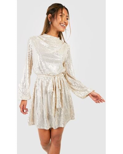 Boohoo Sequin Cowl Neck Belted Skater Party Dress - White