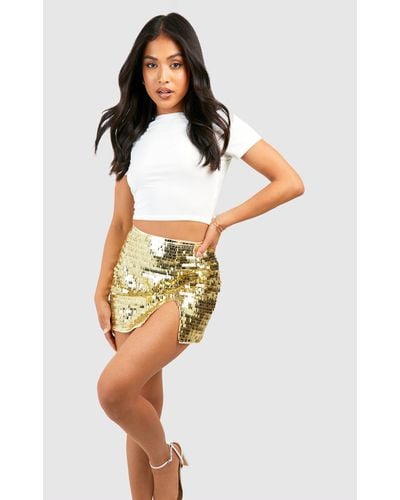 Boohoo Petite Shard Sequin Split Hem Mini Skirt - Metallic
