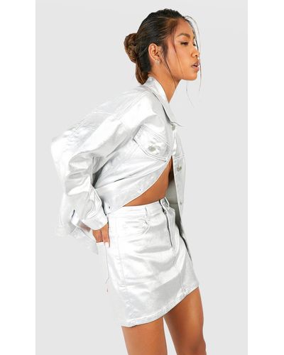 Boohoo Metallic Coated Denim Mini Skirt - White