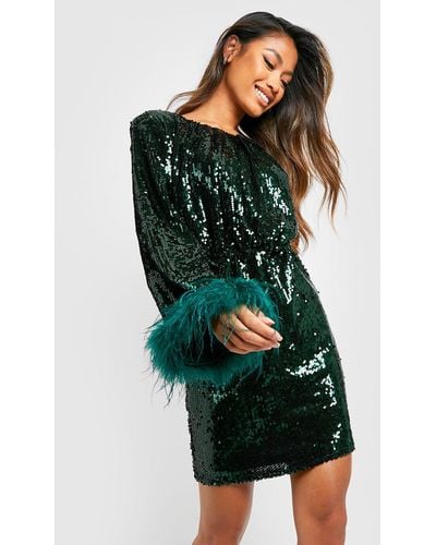 Boohoo Sequin Feather Cuff Shift Party Dress - Green