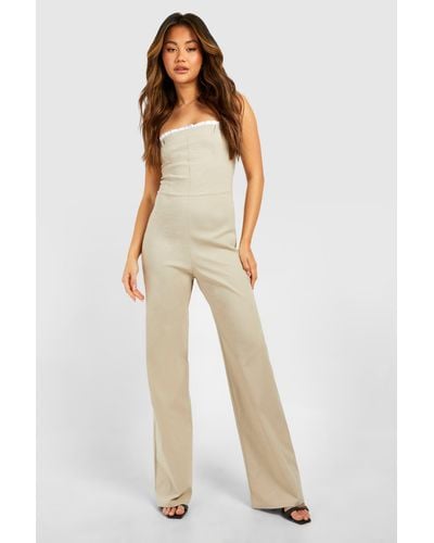 Boohoo Ruched Detail Strapless Jumpsuit - White