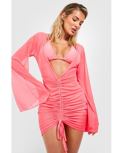 Boohoo Mesh Flared Sleeve Ruched Beach Mini Dress - Pink