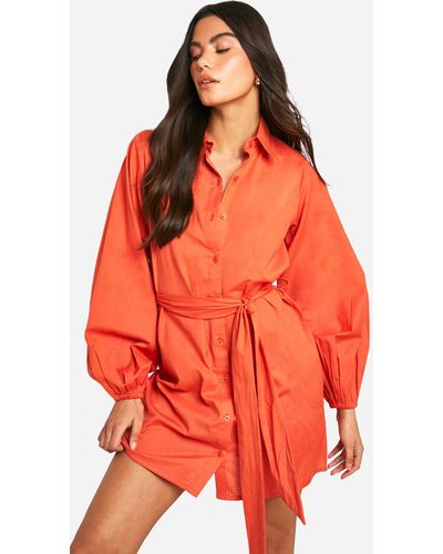 Boohoo Linen Wrap Shirt Dress - Orange