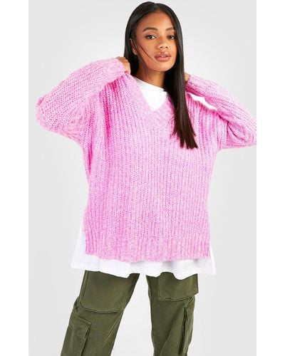 Boohoo Marl Oversized Slouchy V Neck Sweater - Pink