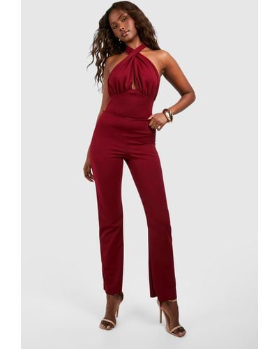 Boohoo Ruched Bust Halter Longline Top & Slim Fit Pants - Red