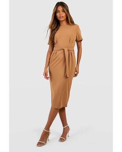 Boohoo Crepe Pleat Front Belted Midi Dress - Natural