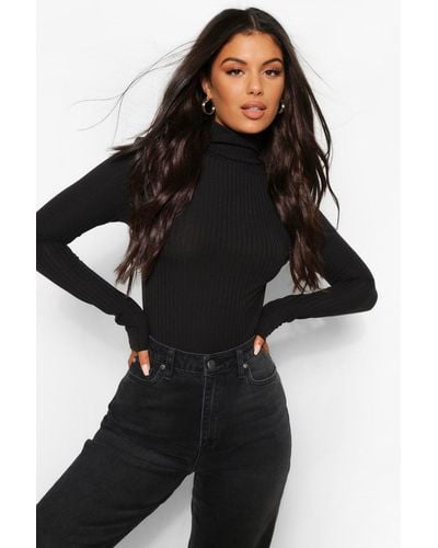Boohoo Turtle Neck Knitted Ribbed Top - Black