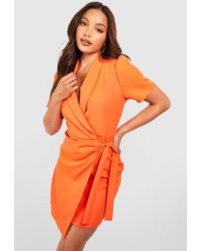 Boohoo Tall Short Sleeve Tie Side Blazer Dress - Orange