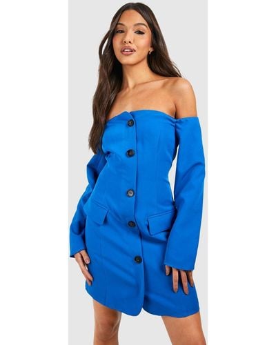Boohoo Bardot Button Down Blazer Dress - Blue