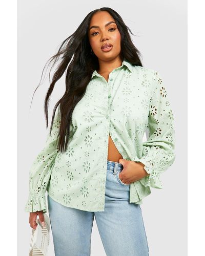 Boohoo Plus Eyelet Frill Cuff Shirt - Green