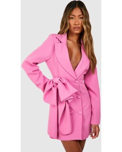 Boohoo Bow Detail Double Breasted Blazer Dress - Pink
