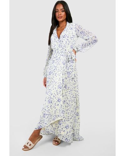 Boohoo Floral Wrap Belted Maxi Dress - Gray