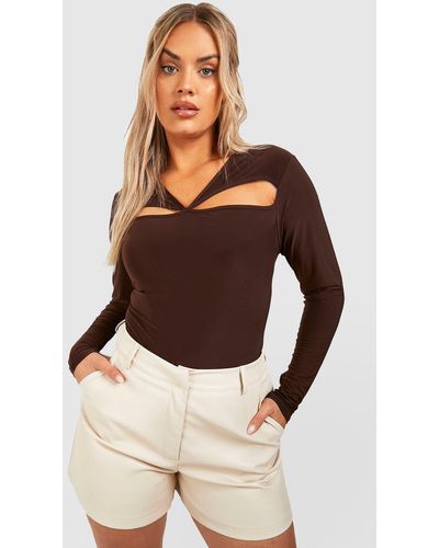 Boohoo Plus Cut Out Long Sleeve One Piece - Brown