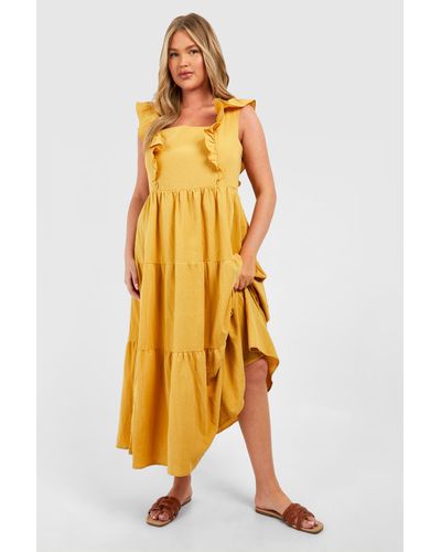 Boohoo Plus Linen Ruffle Midaxi Smock Dress - Yellow