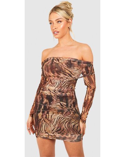Boohoo Bardot Ruched Leopard Print Mesh Mini Dress - Brown