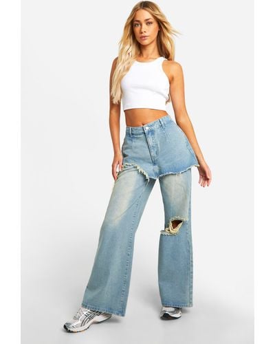 Boohoo Denim Mini Skirt Overlay 2 In 1 Jeans - Blue