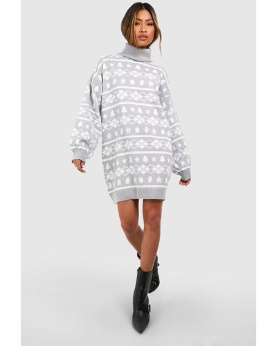 Boohoo Roll Neck Fairisle Christmas Sweater Dress - Gray
