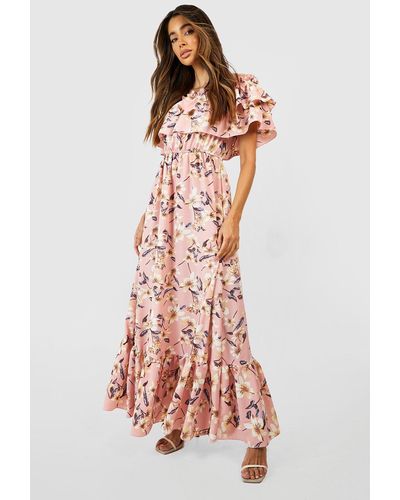 Boohoo Floral Ruffle Off The Shoulder Maxi Dress - White