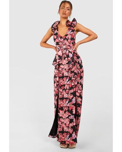 Boohoo Textured Floral Cut Out Ring Detail Maxi Dress