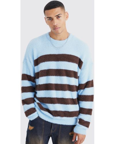 BoohooMAN Oversized Stripe Fluffy Sweater - Blue
