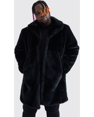 BoohooMAN Plus Faux Fur Overcoat - Black