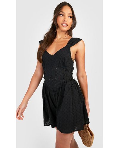 Boohoo Tall Broderie Lace Up Side Flippy Romper - Black